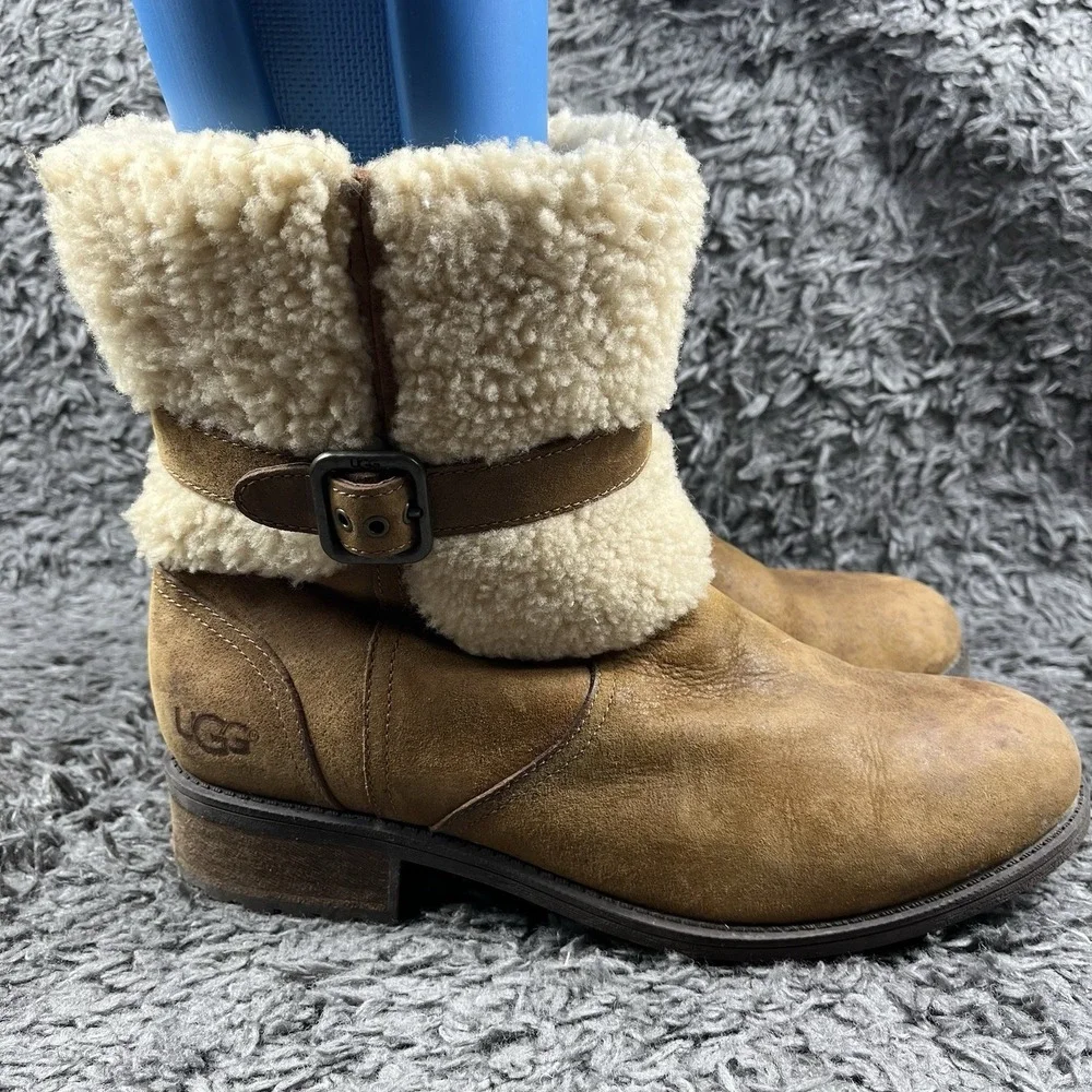 Ugg Womens Blayre Boot Size 10 Chestnut Suede Block Moto Sherpa Heel Lug Bootie